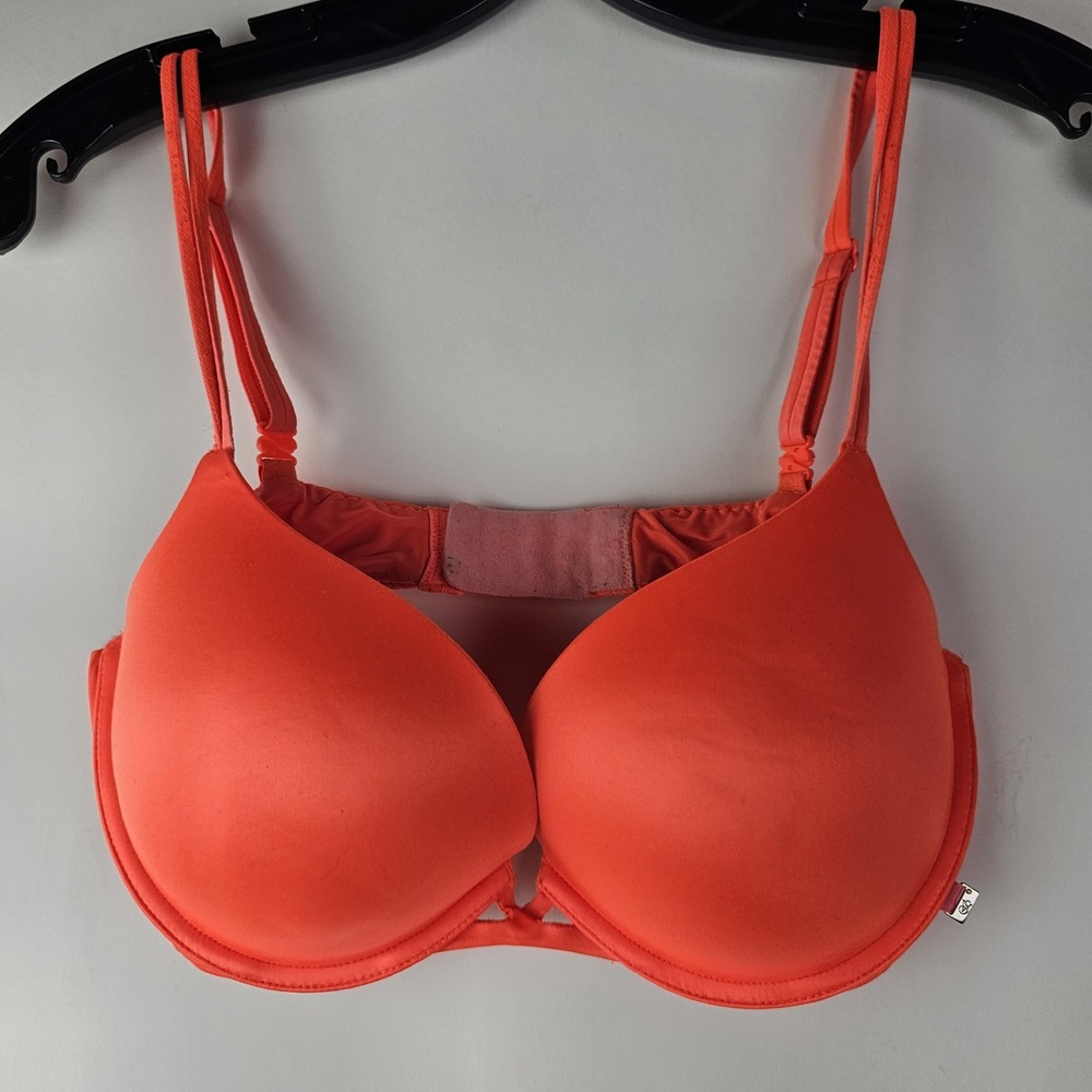 Victorias Secret Very Sexy Uplift Plunge Padded Bra satin neon Coral size 34D